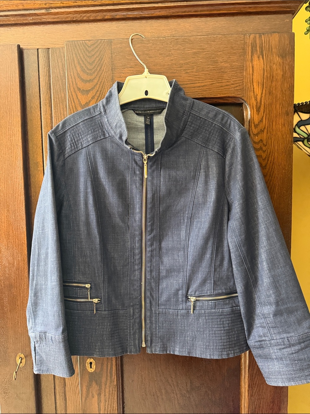 White House Black Market Navy Jean-Style Zip Bracelet Sleeve Jacket